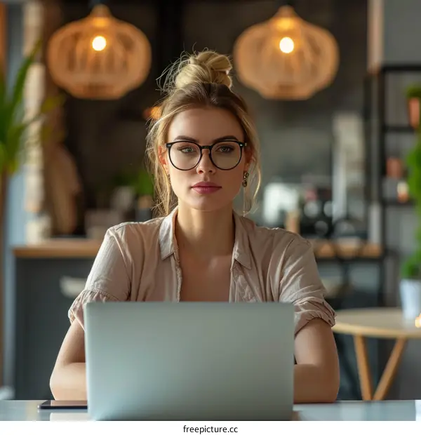 Portrait of a young businesswoman working on her laptop in a cafe