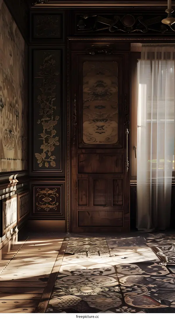 Antique Wooden Door in a Vintage Room with Sunbeams