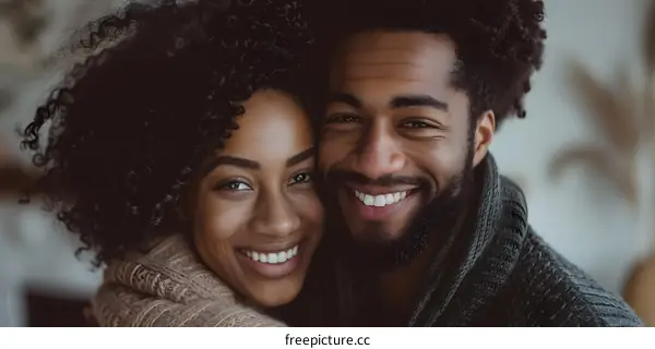 A smiling couple is hugging each other.