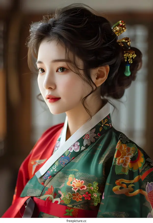 Beautiful Korean Woman in Traditional Hanbok Dress