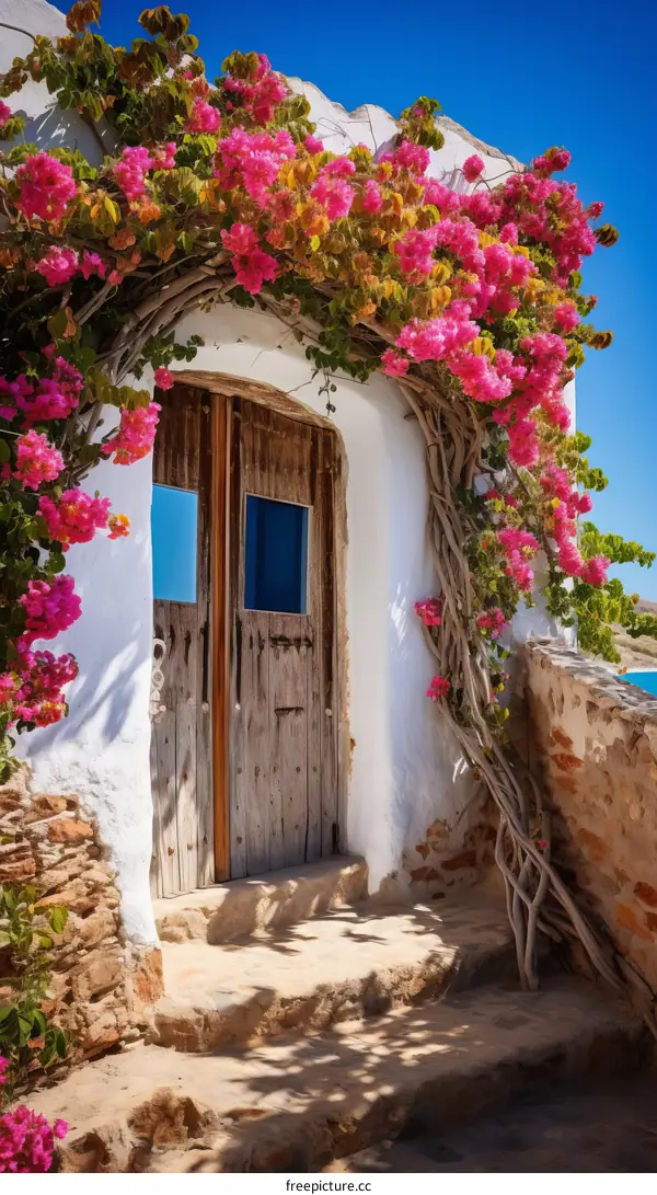 Pink bougainvillea flowers blooming over a wooden door in Santorini, Greece