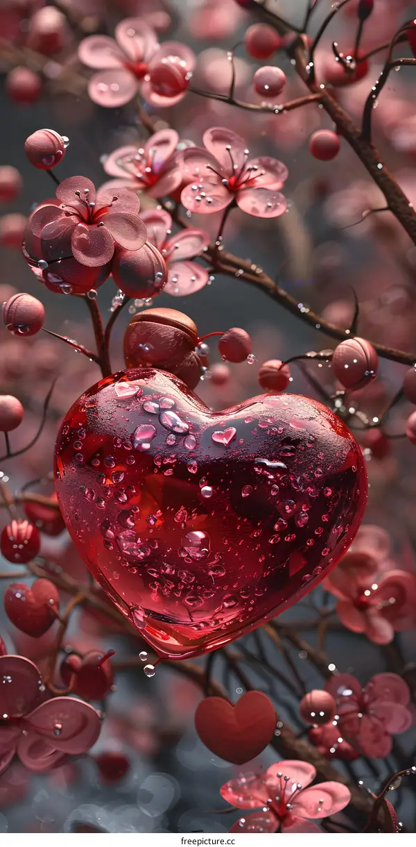 A crystal clear heart-shaped glass ball hanging on a cherry blossom tree