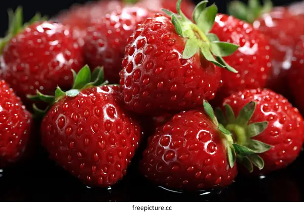 Ripe red strawberries with green leaves