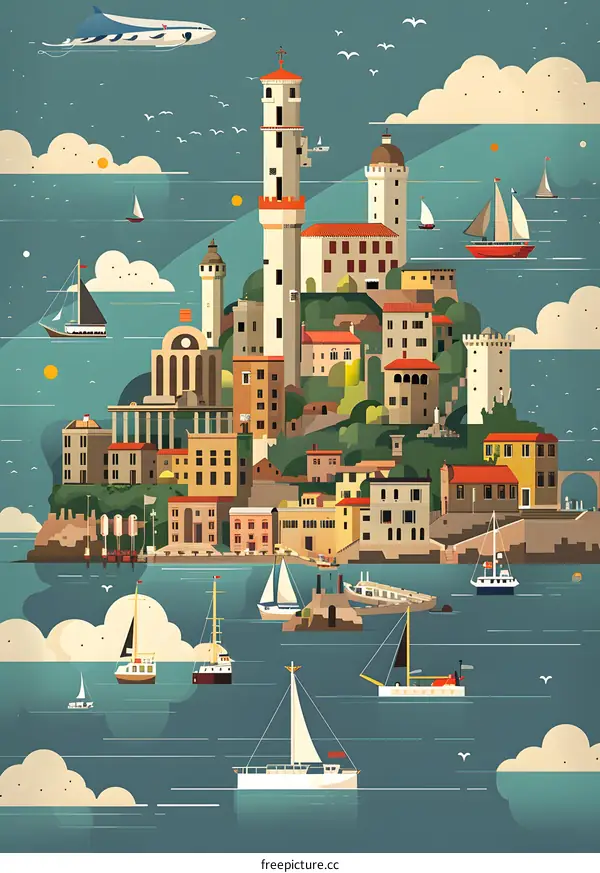 Colorful Illustration of a Small Town on an Island with Sailboats in the Sea