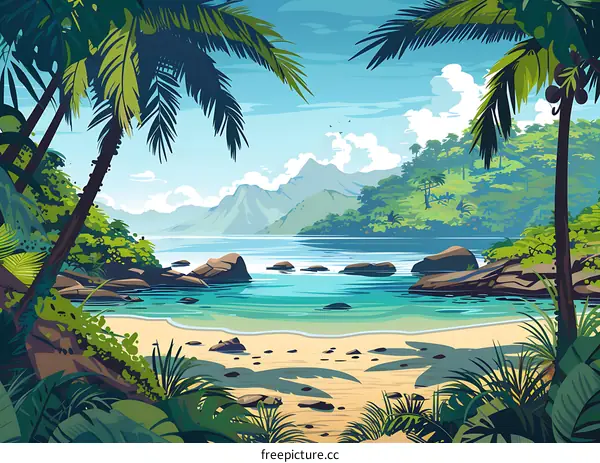 Tropical Paradise Beach with Palm Trees and Mountains in the Background