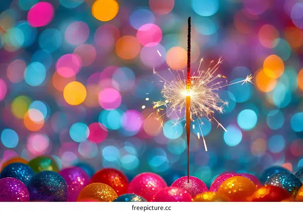 A single lit sparkler against a backdrop of colorful bokeh lights