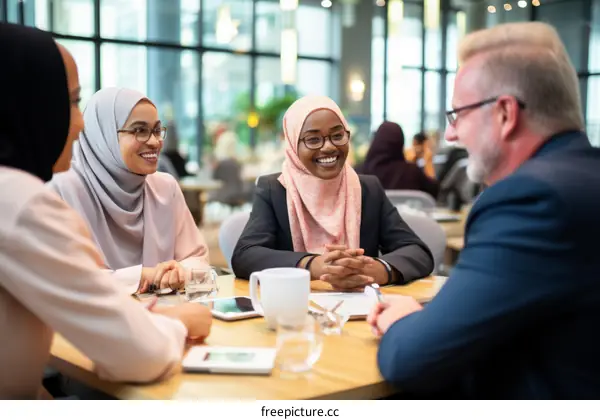 A group of people are sitting around a table talking.