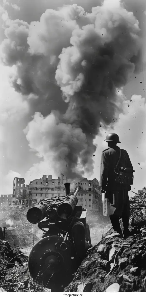 A soldier stands guard as a multiple rocket launcher fires in the background during World War II.