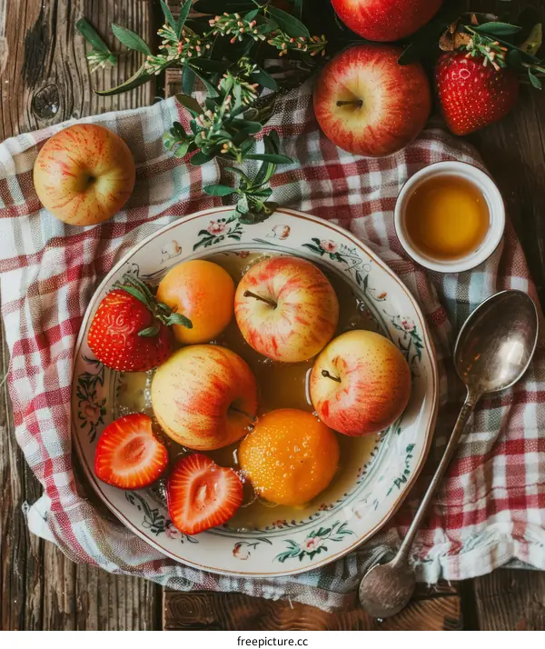A bowl of apples, strawberries, and apricots on the table