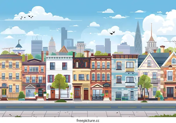Illustration of a City Street with Row Houses