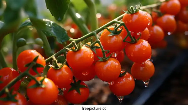 Close-up of ripe cherry tomatoes on the vine with water drops