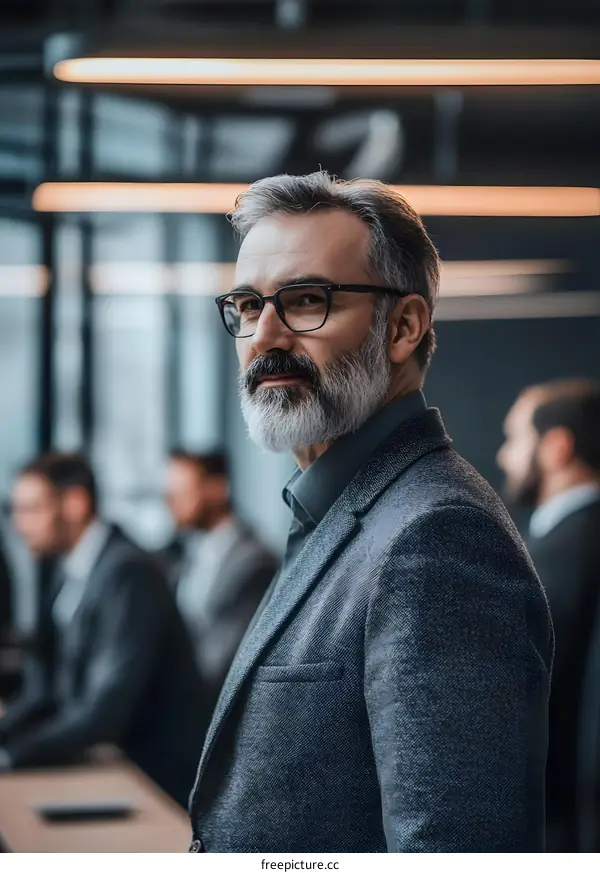 Confident Businessman in Gray Suit and Glasses Looking at Camera