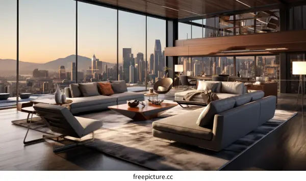 Modern living room interior design with large windows and city view