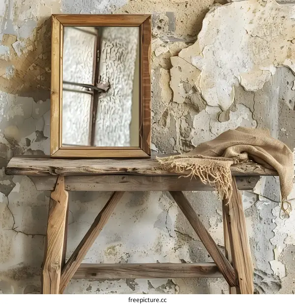 Rustic Wooden Table with Mirror and Fabric