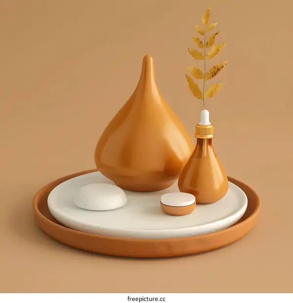 Minimalist 3D Render of Gold and Brown Cosmetic Bottles