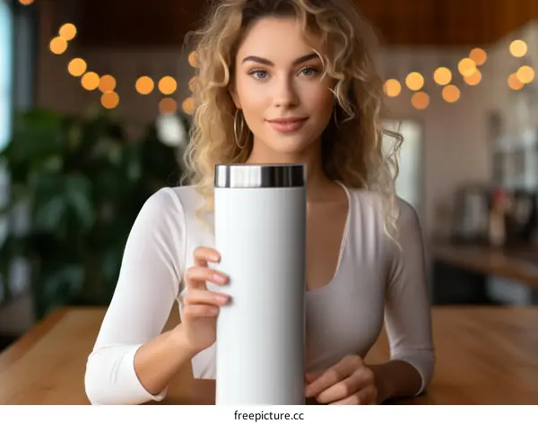 Blonde woman with blue eyes holding a white thermos