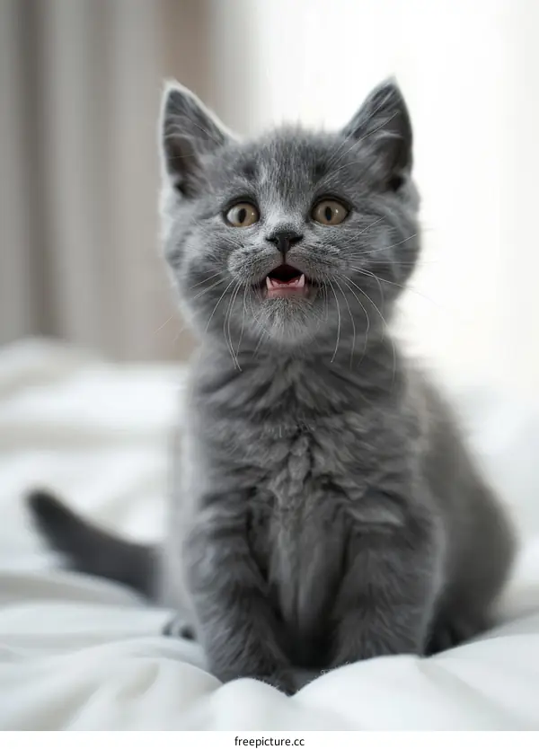 Small British kitten with green eyes sitting on a white blanket
