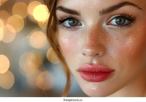 Close-up portrait of a beautiful young woman with freckles on her face