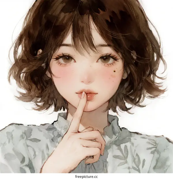 A Young Woman with Curly Brown Hair Gesturing Silence