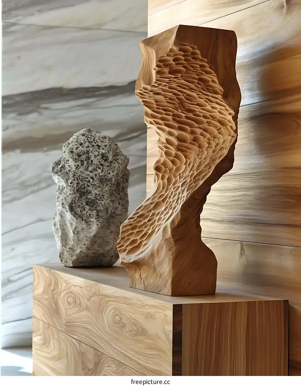 Wooden Sculpture Displayed on Wood Platform