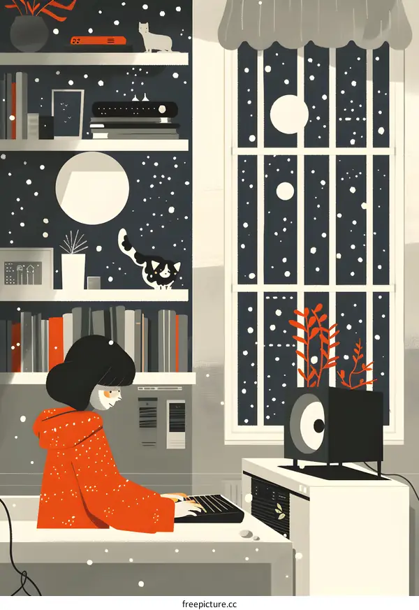 Woman in Red Jacket Playing Keyboard in Front of Window with Snow