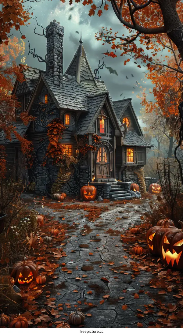 Spooky Halloween Pumpkin House Under Autumn Trees at Night