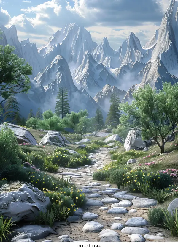 Mountain trail through a snow-capped mountain range