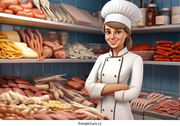 A female chef standing in a deli with her arms crossed