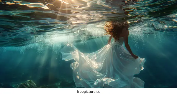 An ethereal underwater photoshoot of a woman wearing a white dress