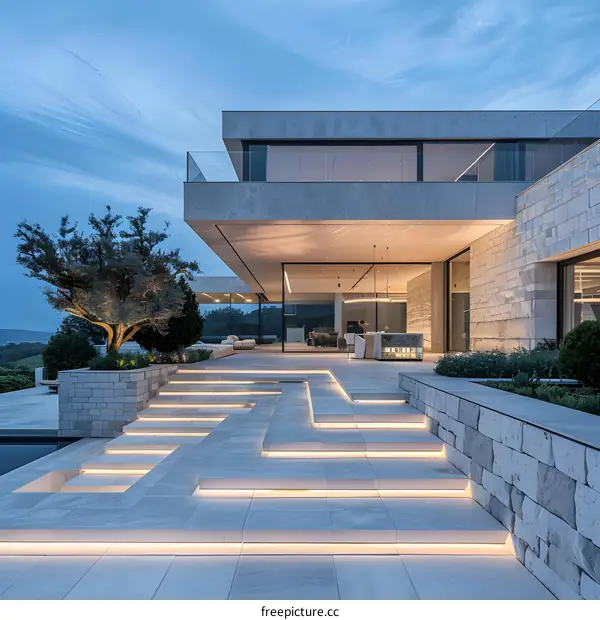 Modern Minimalist House Exterior With Stone Walls and Steps