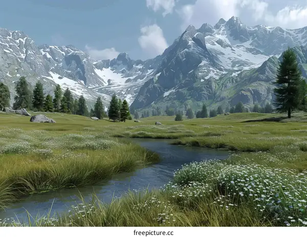 Majestic Mountain Landscape with River and Wildflowers