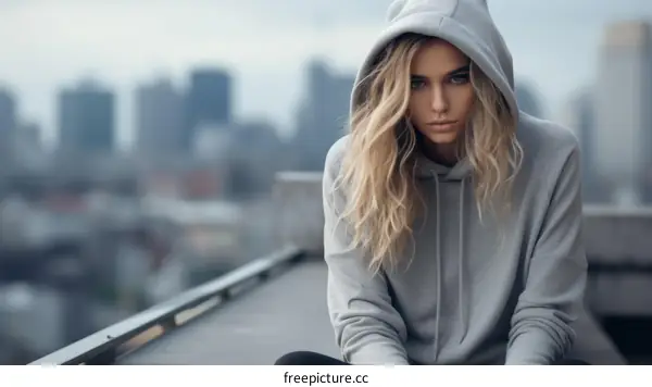 Portrait of a young blonde woman in a grey hoodie looking at the camera