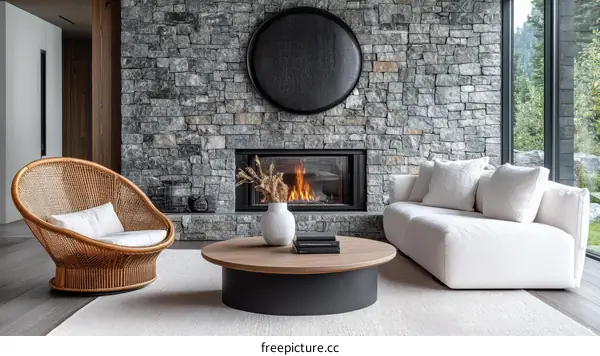 Modern Living Room with Stone Fireplace and Wicker Chair