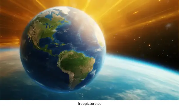 Earth from space showing blue oceans and green continents under sunlight