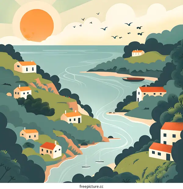 Sea Village with Sun and Clouds Illustration