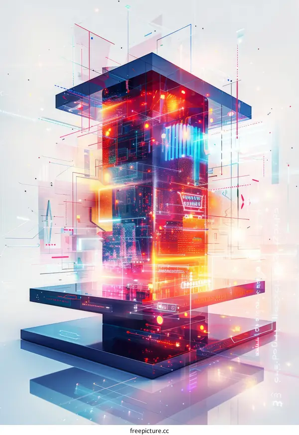 Abstract illustration of a glowing 3D tower with a circuit board inside