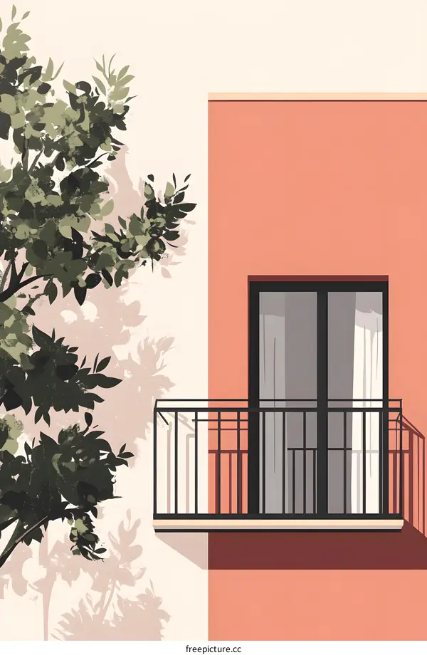 Minimalist Illustration of a Balcony With a Tree
