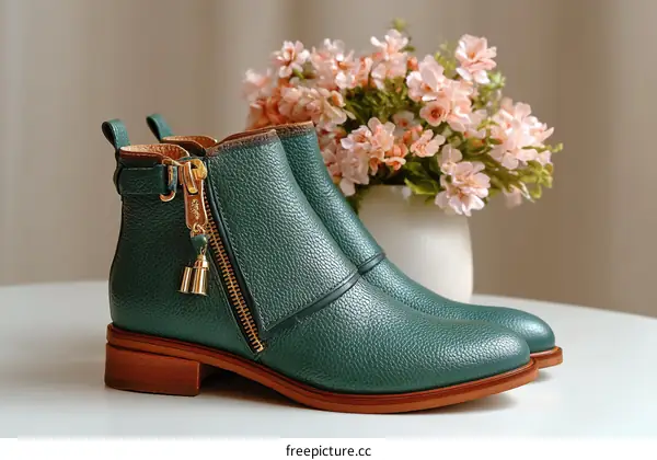 Pair of Emerald Green Leather Ankle Boots with Gold Accents