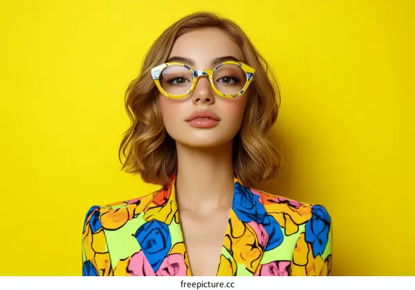 Stylish Woman in Trendy Yellow Glasses and Colorful Jacket