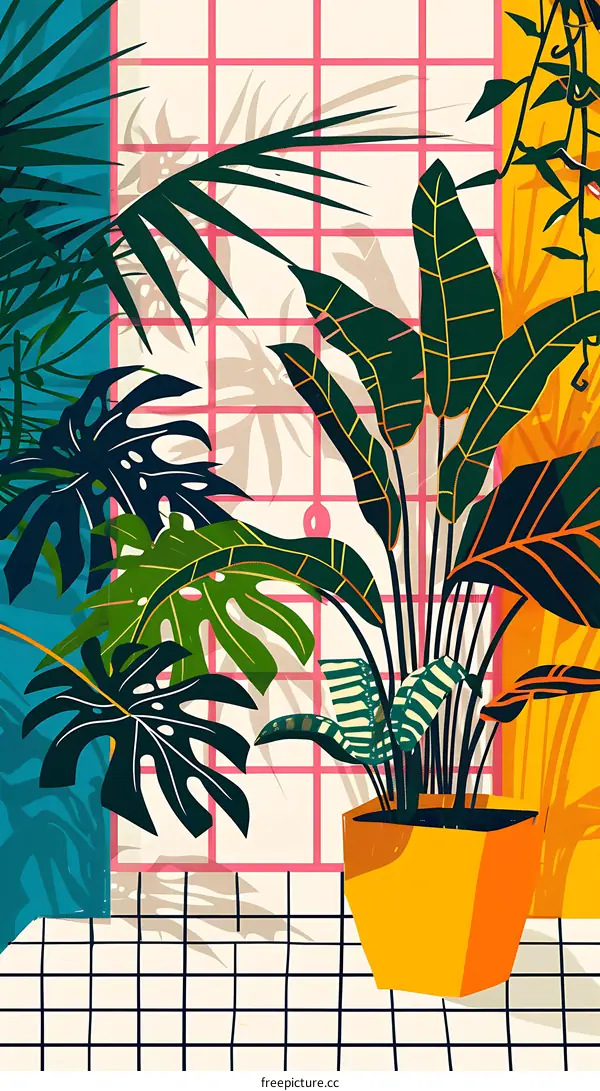 Tropical Plants In A Colorful Room