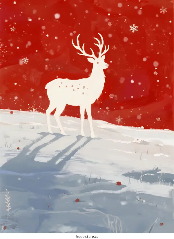 A White Deer Standing on Snowy Ground with Red Background