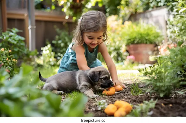 Little Girl Playing with Puppy in a Garden
