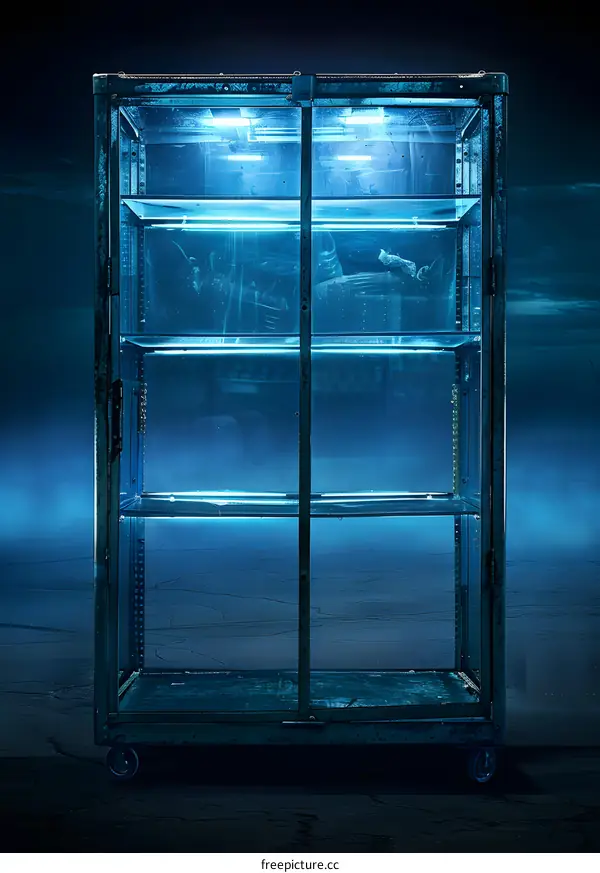 Empty Glass Cabinet on Wheels Against a Blue Background
