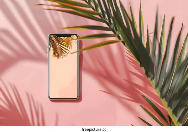Palm Leaf Shadow and Mobile Phone on Pink Background