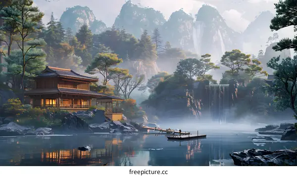 chinese house near lake with waterfall and mountains in background