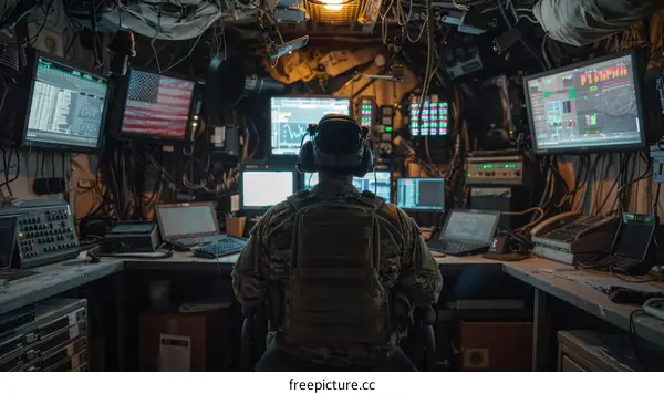 Soldier working in a military tactical operations center
