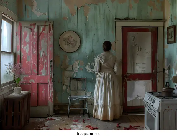 Woman Standing in a Rundown Kitchen with Peeling Paint