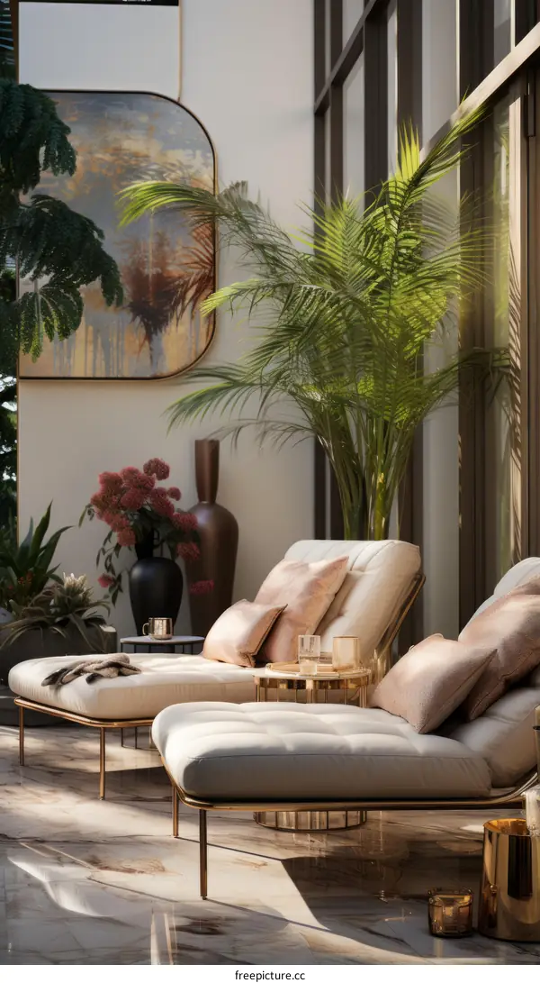 Luxury Sunroom with Chaise Lounges and Palm Tree