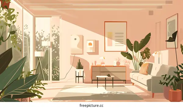 Modern Living Room Interior Design with Plants and Sunlight