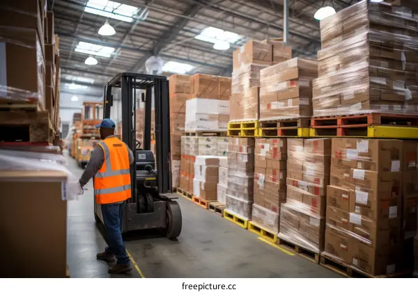 Warehouse worker in a warehouse full of boxes